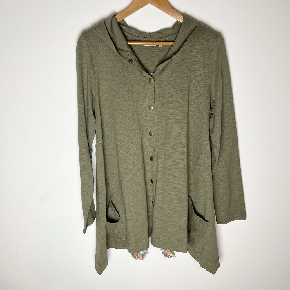 logo by lori goldstein Green Hooded Cardigan Split Back Medium Pockets​​‎